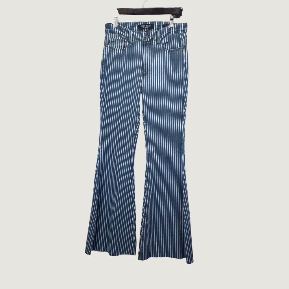 Judy Blue Womens Super Flare Striped Denim Jeans High Rise Raw Hem Blue Size 28